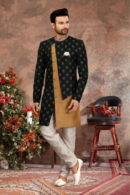 Green and Beige Colour Jacquard Thread Work Sherwani VSSH1040354