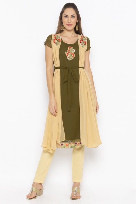 Green and Beige Colour Plus Size Georgette Embroidery Kurta Set VSKR1070679
