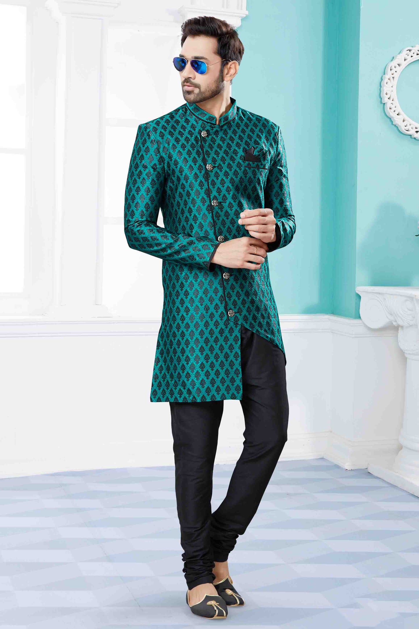 Green and Black Colour Indo Western In Banarasi Jacquard Fabric VSSH1040442