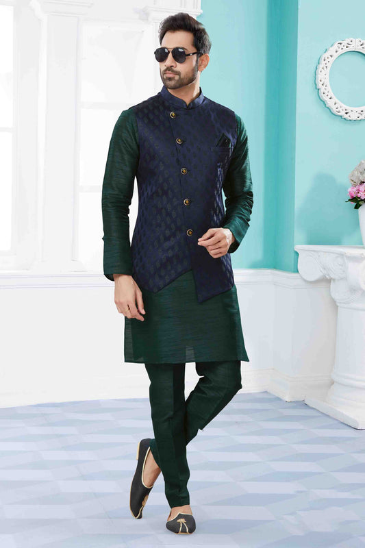 Green and Blue Colour Kurta Pajama With Jacket In Silk Dupion Fabric VSKP1040454