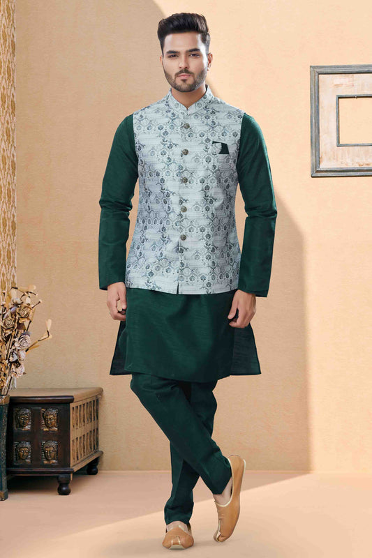 Green and Grey Colour Kurta Pajama With Jacket In Silk Dupion Fabric VSKP1040466