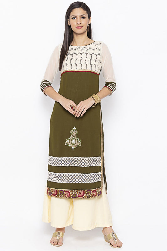 Green and White Colour Plus Size Georgette Embroidery Kurti VSKR1070630