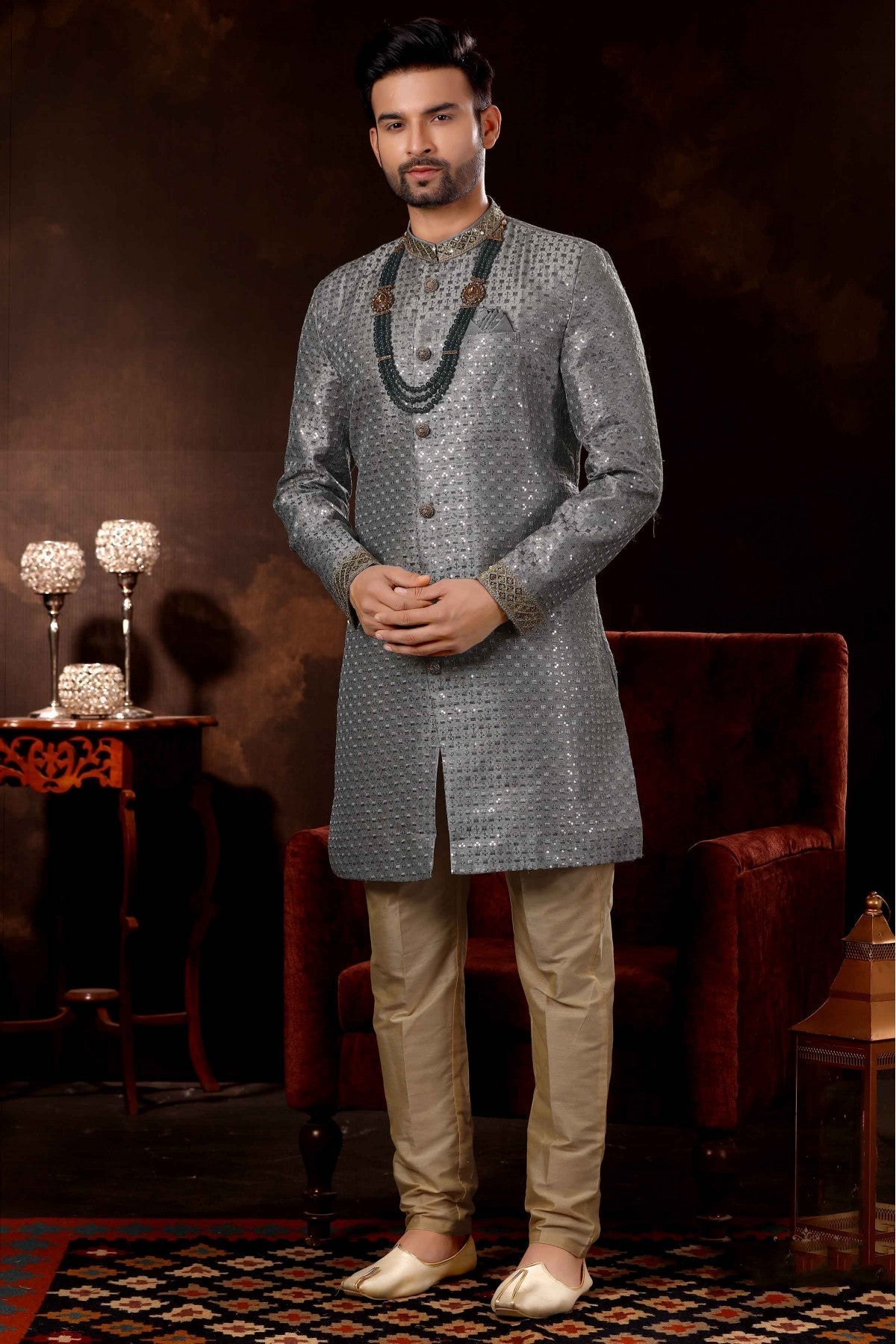 Grey Colour Art Silk Sherwani VSSH1040364