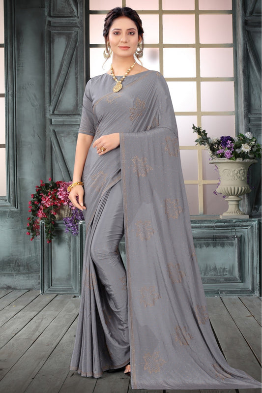 Grey Colour Crepe Swarovski Work Saree VSSD1120803
