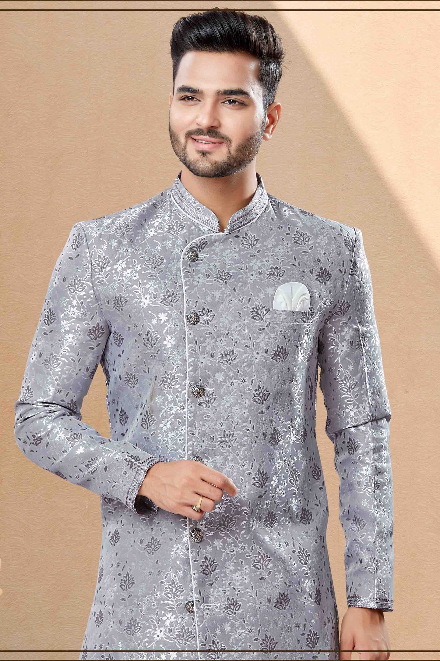 Grey Colour Dhoti Sherwani In Banarasi Jacquard Fabric VSSH1040385