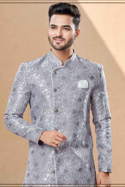 Grey Colour Dhoti Sherwani In Banarasi Jacquard Fabric VSSH1040385