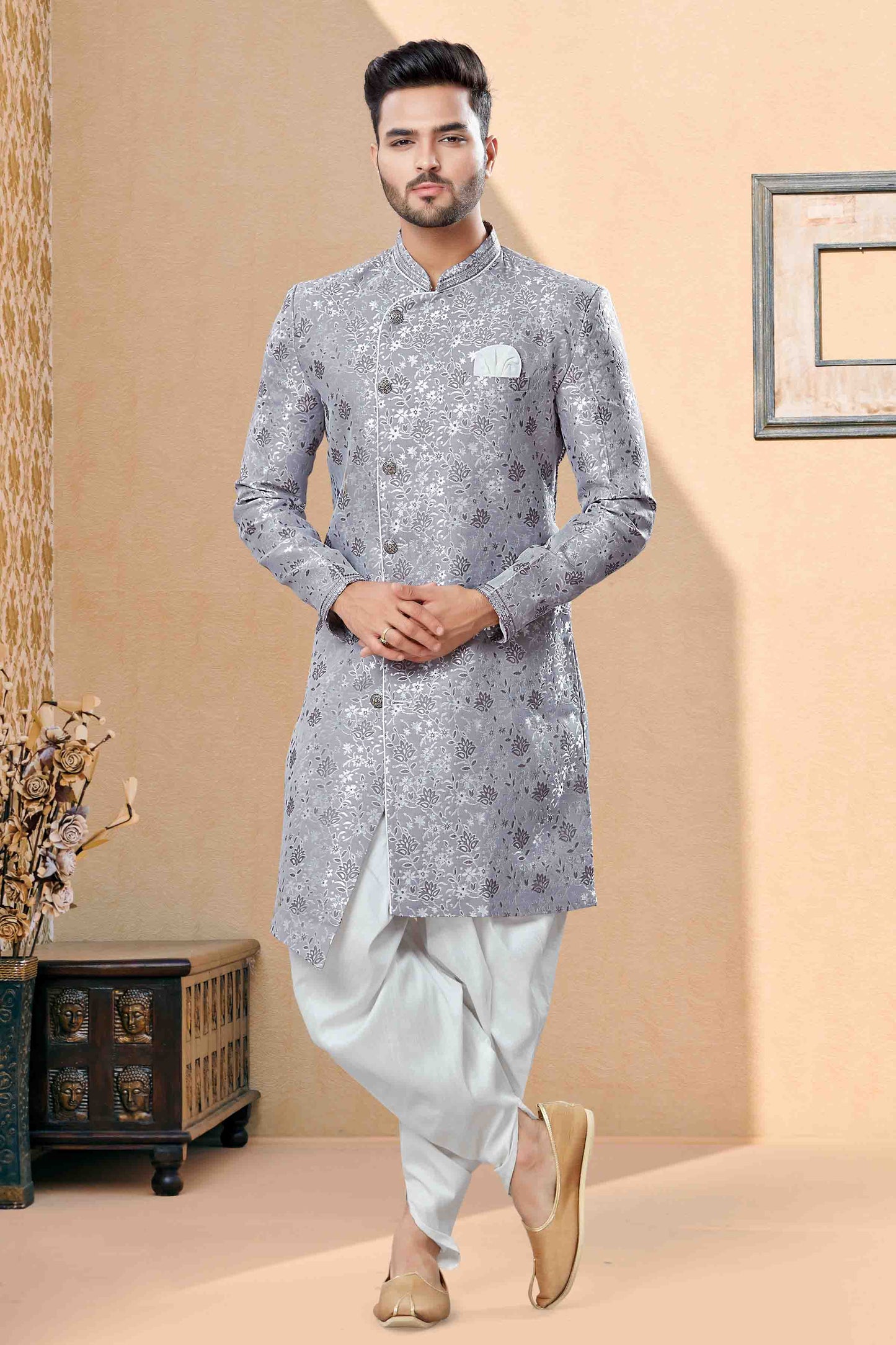 Grey Colour Dhoti Sherwani In Banarasi Jacquard Fabric VSSH1040385