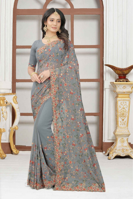 Grey Colour Georgette Embroidery Saree VSSD1090323