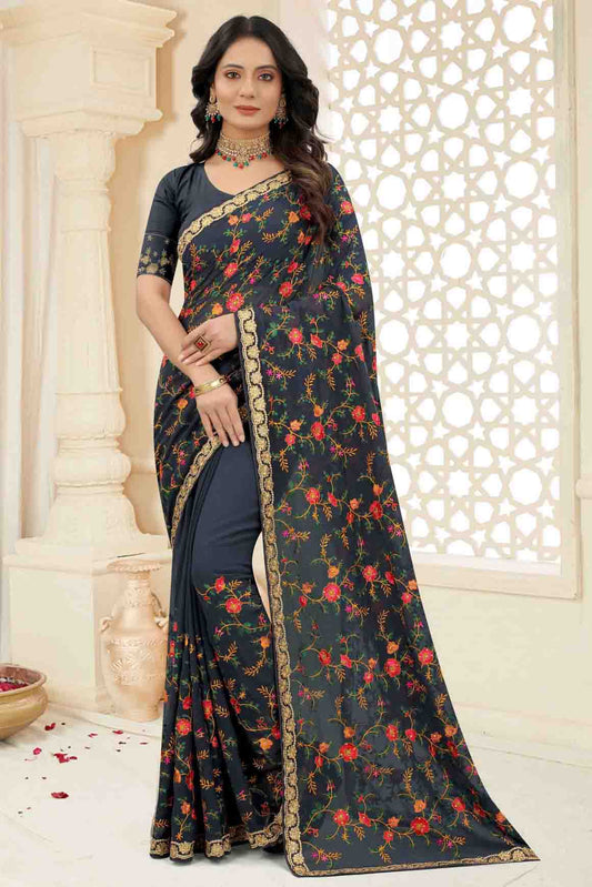 Grey Colour Georgette Embroidery Saree VSSD1120967