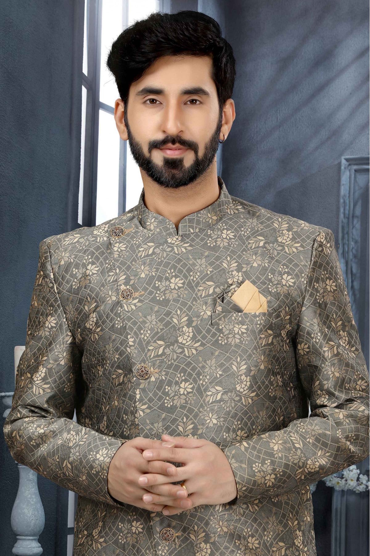 Grey Colour Jacquard Digital Print Sherwani VSSH1040350