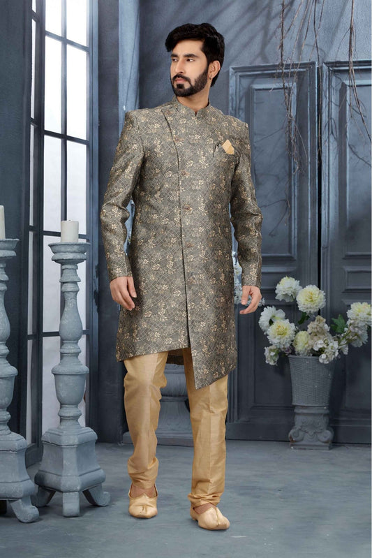 Grey Colour Jacquard Digital Print Sherwani VSSH1040350