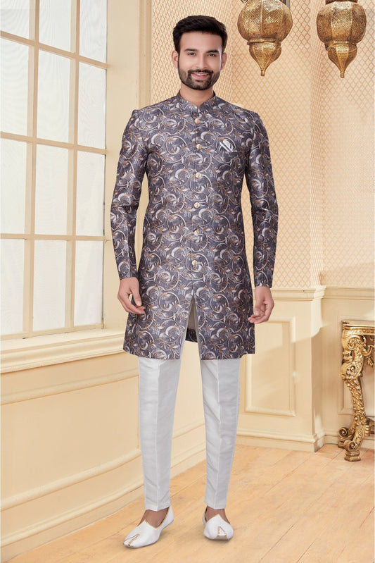 Grey Colour Jacquard Sherwani VSSH1040274