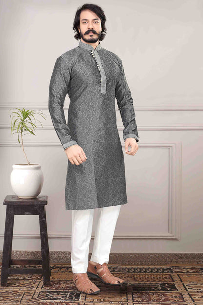 Grey Colour Kurta Pajama In Jacquard Silk VSKP1210019