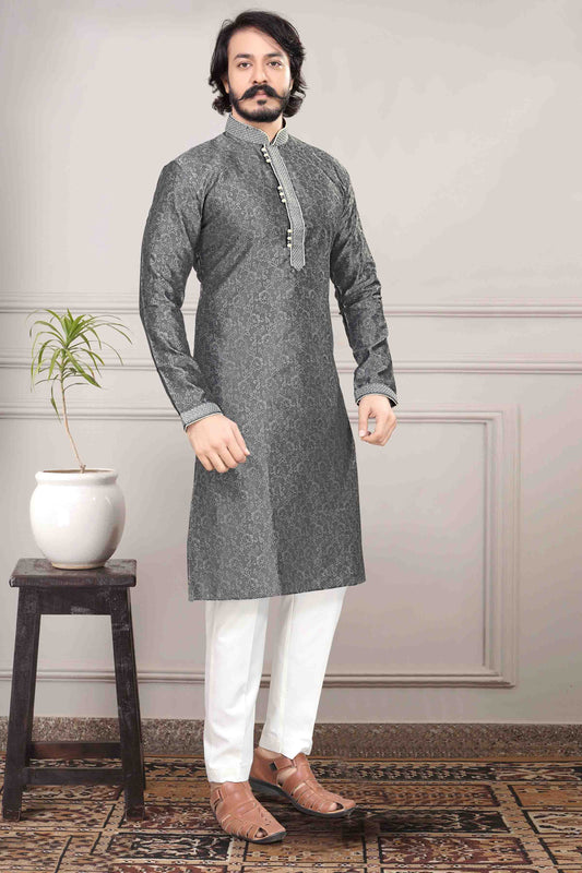 Grey Colour Kurta Pajama In Jacquard Silk VSKP1210019