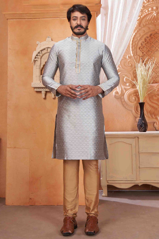Grey Colour Kurta Pajama In Jacquard Silk VSKP1210049