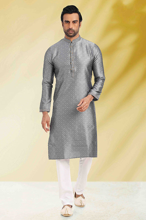 Grey Colour Kurta Pajama In Jacquard