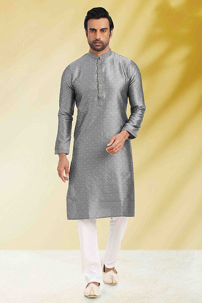 Grey Colour Kurta Pajama In Jacquard