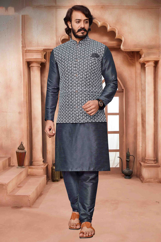 Grey Colour Kurta Pajama With Jacket In Art Silk VSKP1210293