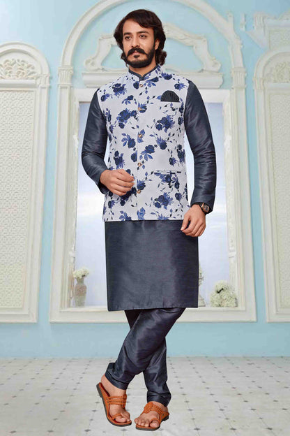 Grey Colour Kurta Pajama With Jacket In Art Silk VSKP1210317