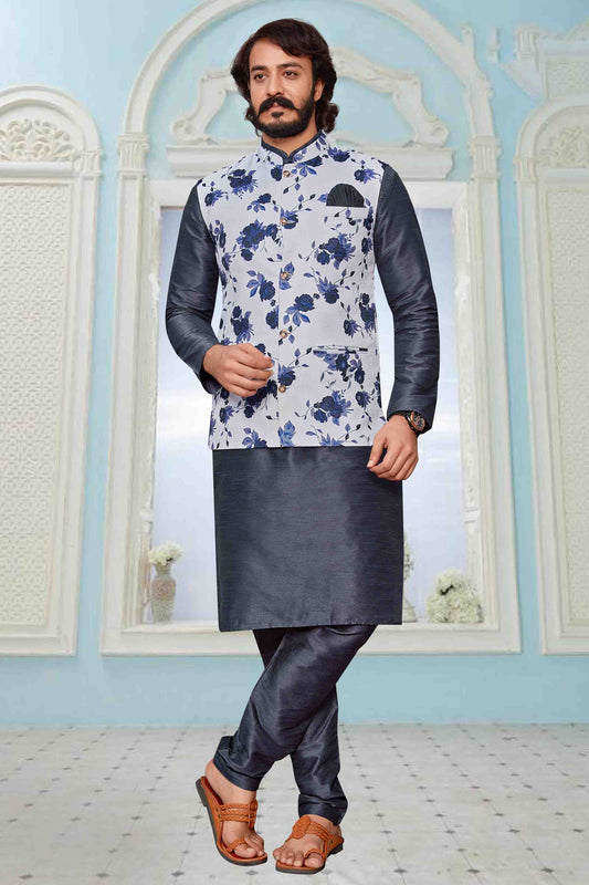Grey Colour Kurta Pajama With Jacket In Art Silk VSKP1210317