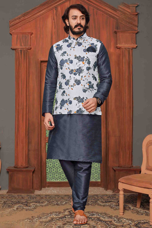 Grey Colour Kurta Pajama With Jacket In Art Silk VSKP1210318
