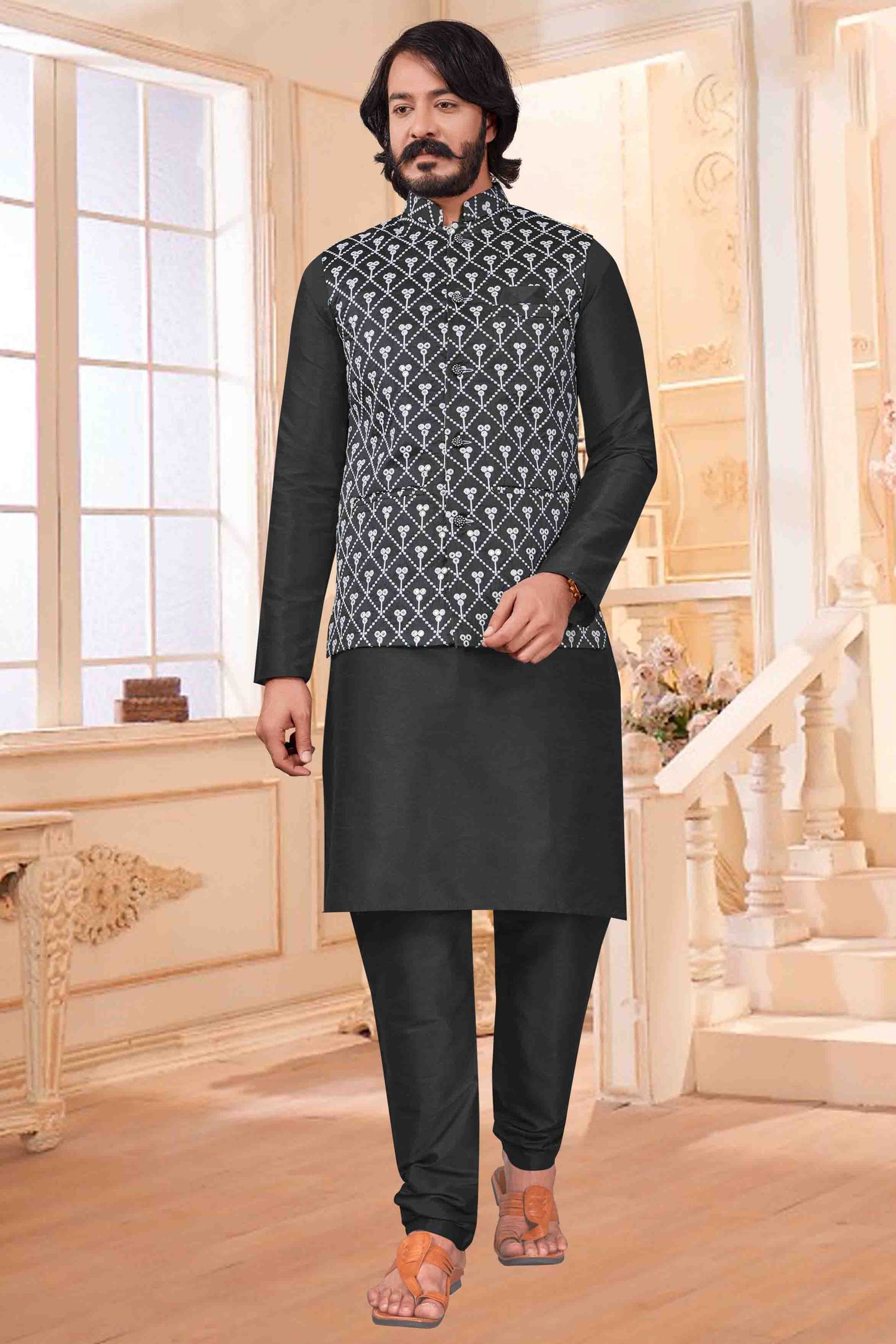 Grey Colour Kurta Pajama With Jacket In Art Silk VSKP1210363