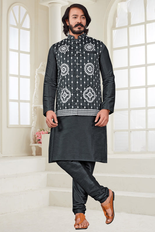 Grey Colour Kurta Pajama With Jacket In Art Silk VSKP1210383