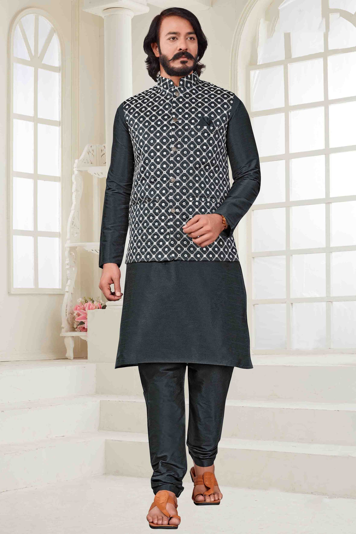 Grey Colour Kurta Pajama With Jacket In Art Silk VSKP1210403