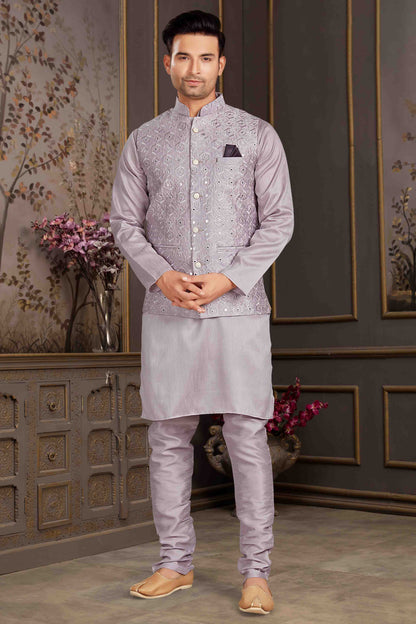 Grey Colour Kurta Pajama With Jacket In Silk Mastani VSKP1210442