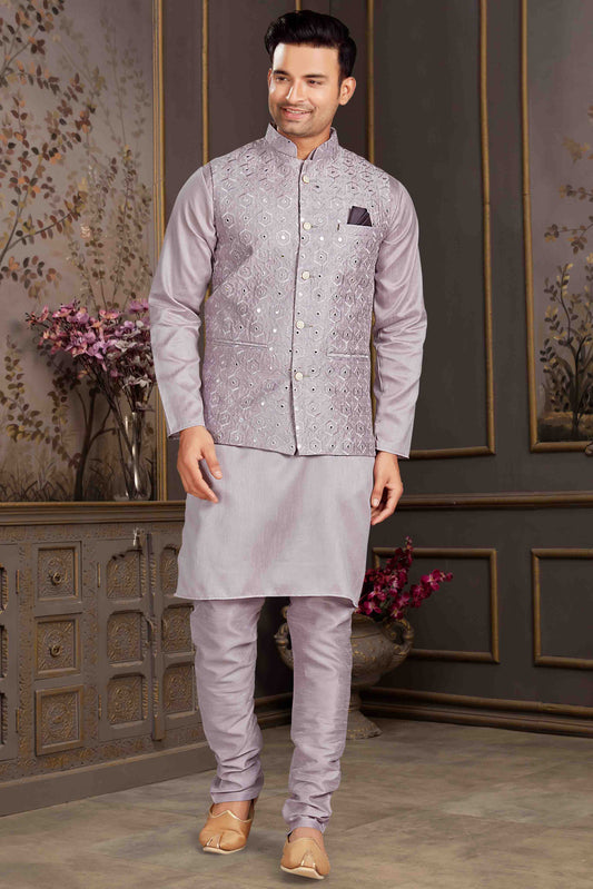 Grey Colour Kurta Pajama With Jacket In Silk Mastani VSKP1210442