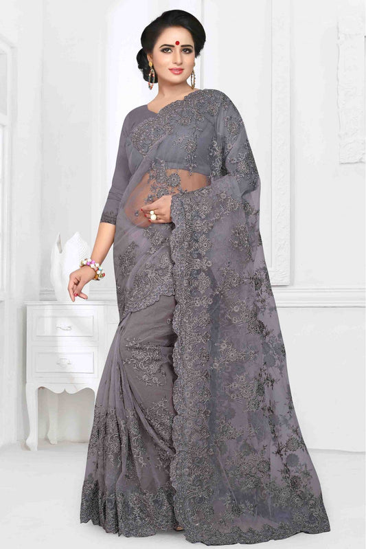 Grey Colour Net Designer Saree VSSD1090023