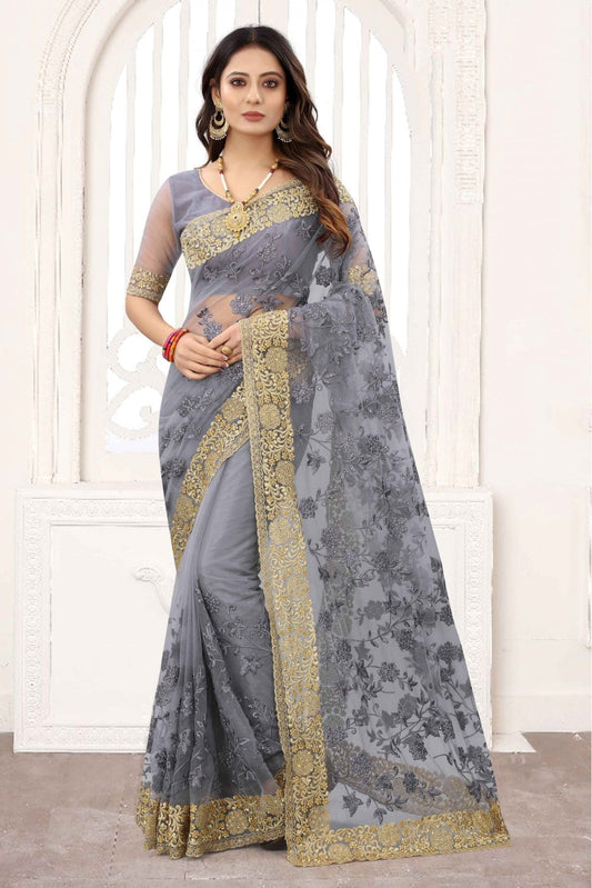 Grey Colour Net Designer Saree VSSD1120841