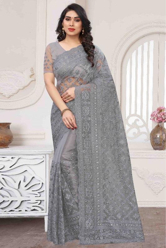 Grey Colour Net Embroidery Saree VSSD1090356