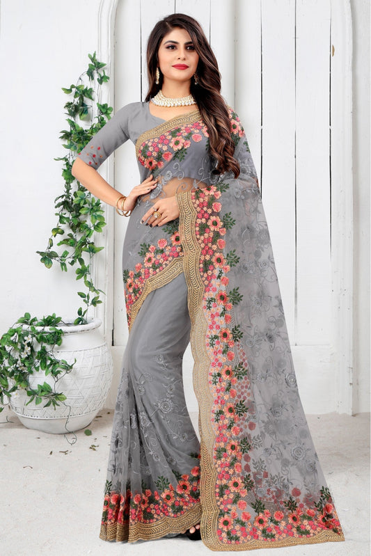 Grey Colour Net Embroidery Saree VSSD1090449