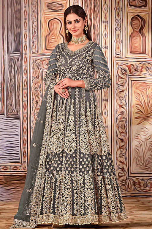 Grey Colour Net Semi Stitched Anarkali Suit VSSM1050279