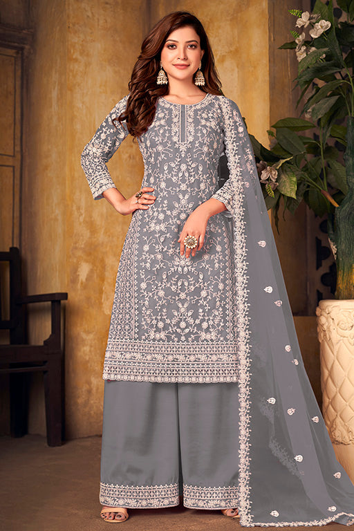 Grey Colour Net Semi Stitched Palazzo Pant Suit VSSM1050327