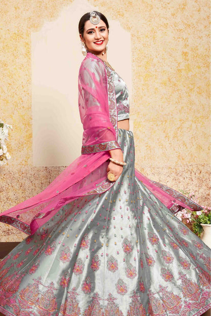 Grey Colour Satin Embroidery Lehenga Choli VSLC1080430