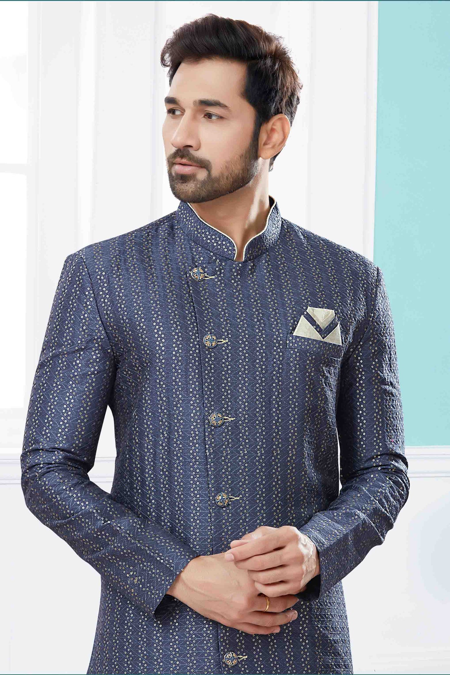 Grey Colour Sherwani In Jacquard Fabric VSSH1040417
