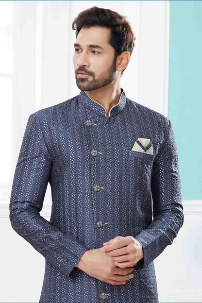 Grey Colour Sherwani In Jacquard Fabric VSSH1040417