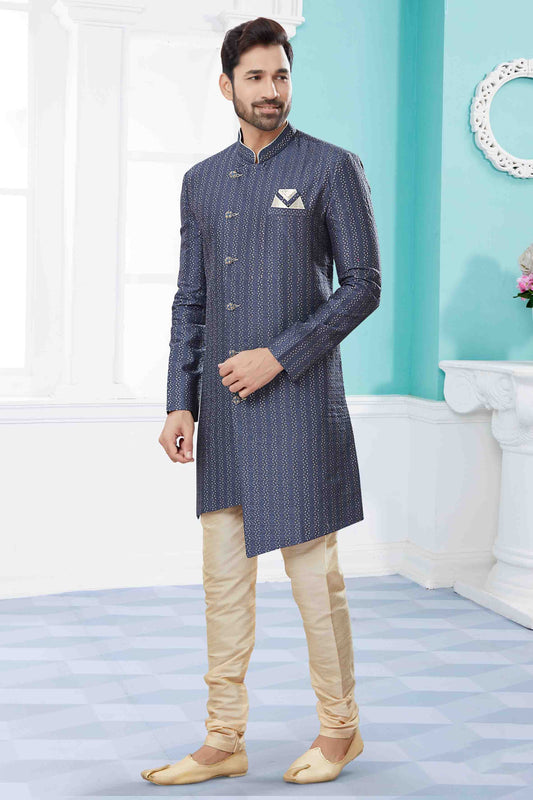 Grey Colour Sherwani In Jacquard Fabric VSSH1040417