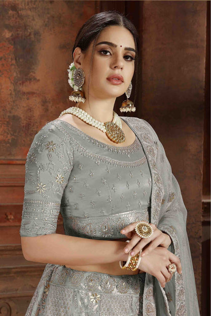 Grey Colour Soft Net Embroidery Lehenga Choli VSLC1080074