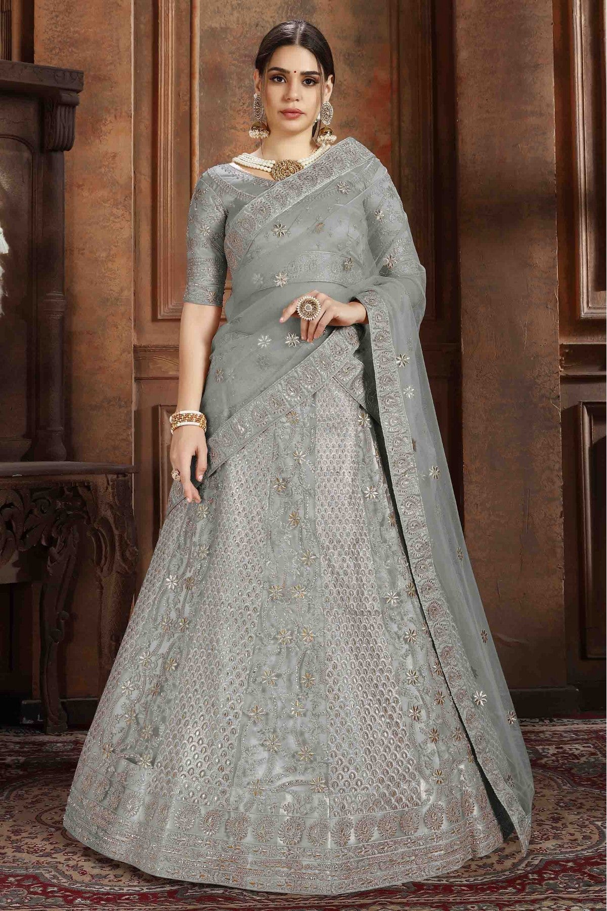 Grey Colour Soft Net Embroidery Lehenga Choli VSLC1080074