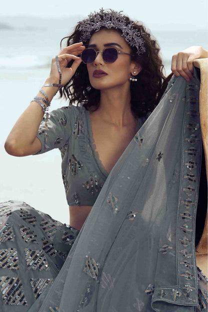 Grey Colour Soft Net Embroidery Lehenga Choli VSLC1080391