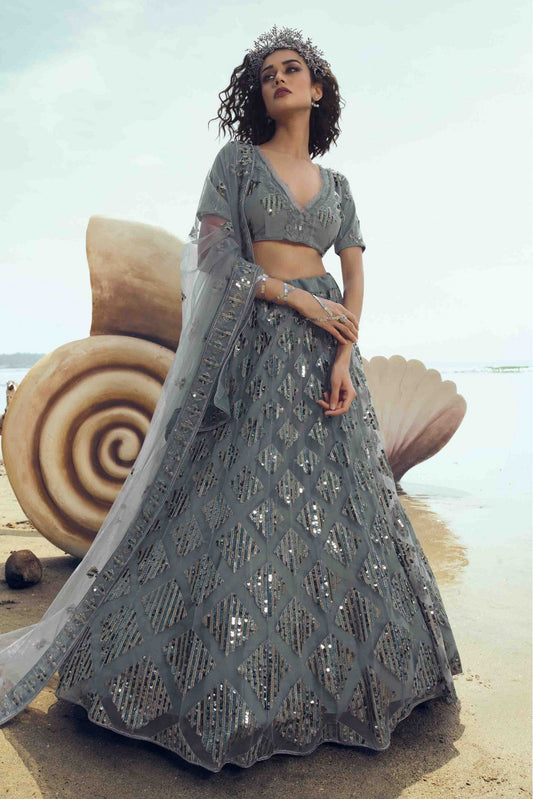Grey Colour Soft Net Embroidery Lehenga Choli VSLC1080391