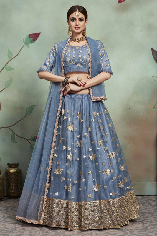 Grey Colour Soft Net Sequins Work Lehenga Choli VSLC1080422