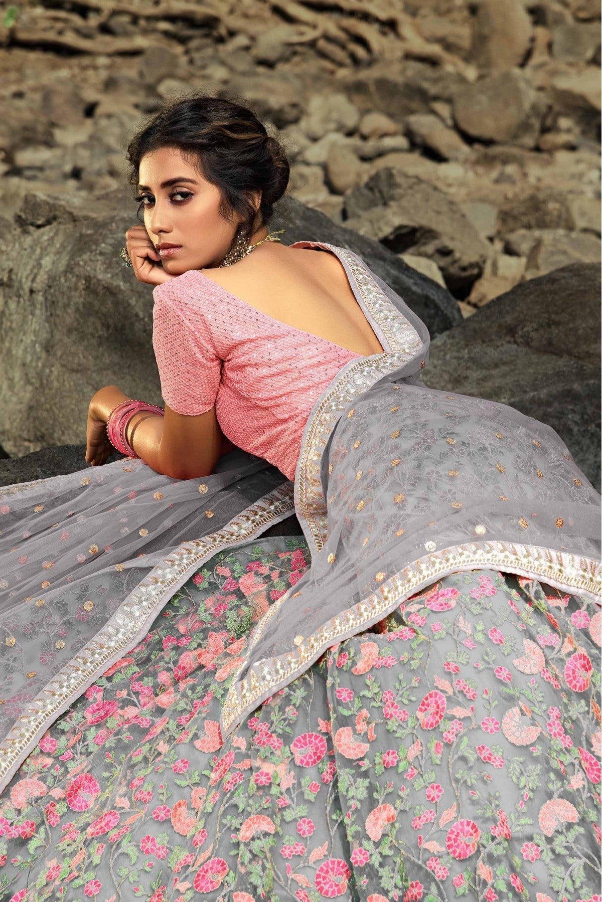 Grey Colour Soft Net Sequins Work Lehenga Choli VSLC1080426