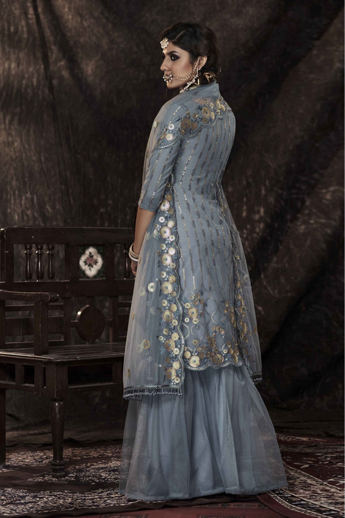 Grey Colour Stitched Soft Net Sequins Work Sharara Suit VSSM1080666