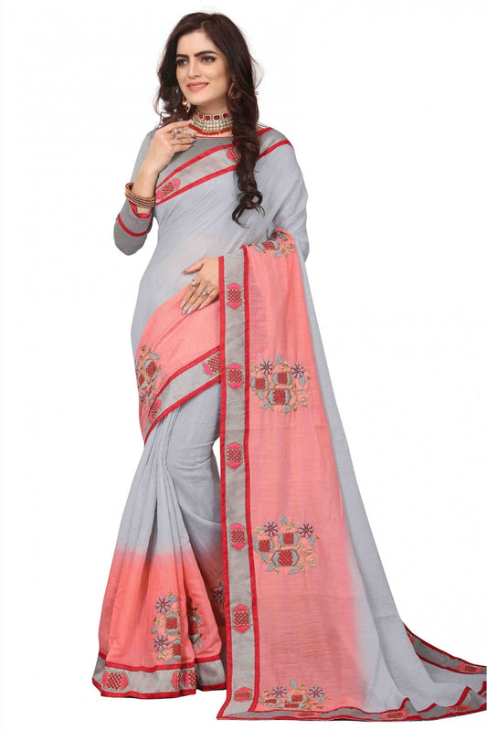 Grey and Peach Colour Art Silk Embroidery Saree VSSD1120134