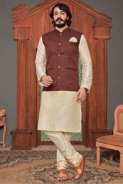 Ivory Colour Kurta Pajama With Jacket In Art Silk VSKP1210302