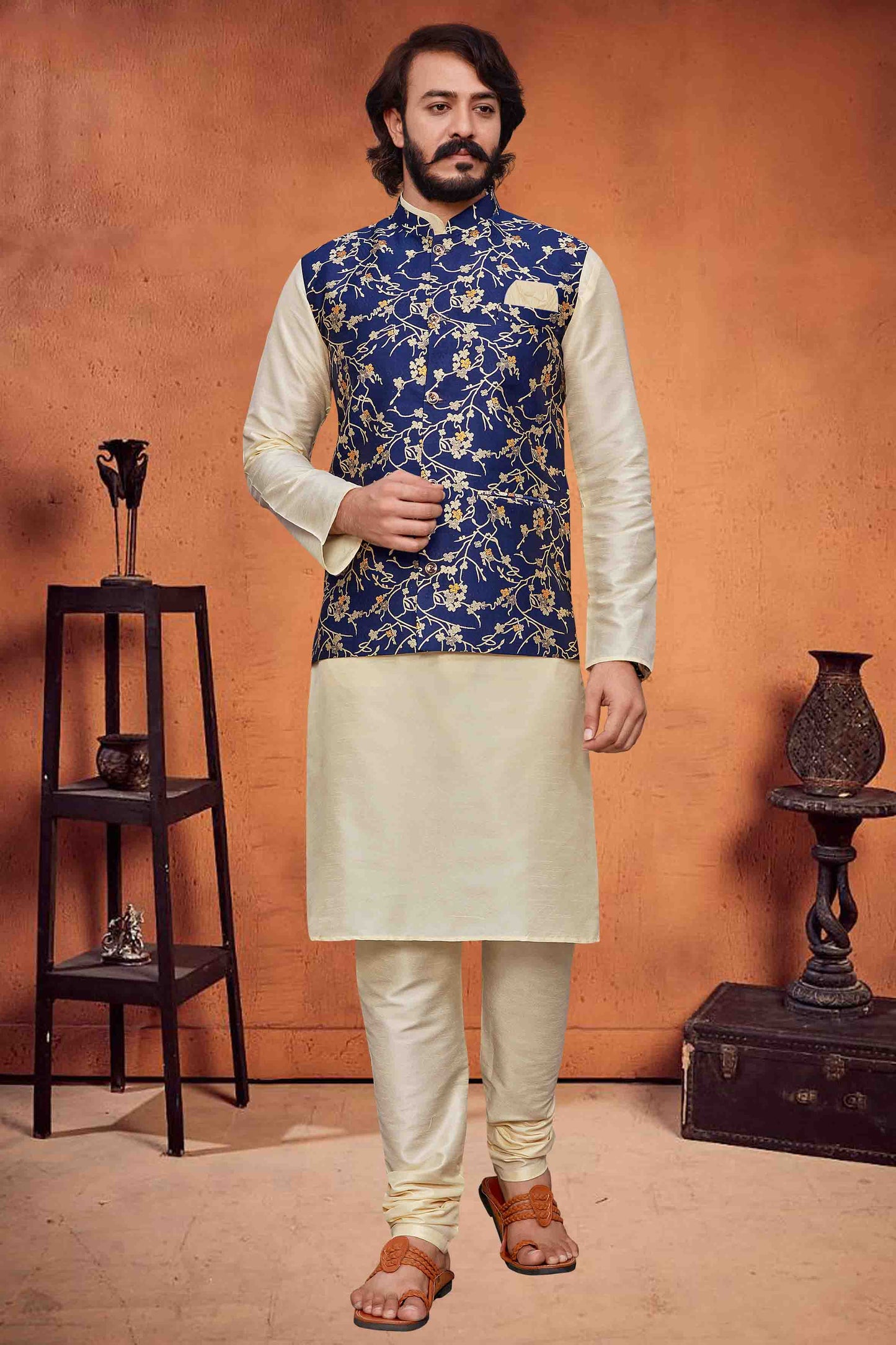 Ivory Colour Kurta Pajama With Jacket In Art Silk VSKP1210334